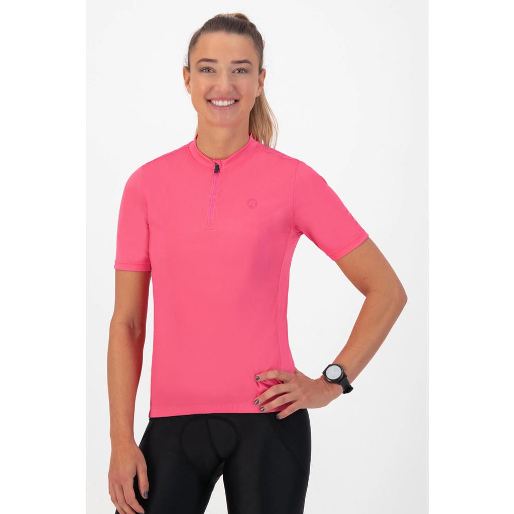 Roze dames Rogelli fietsshirt van polyester met effen, korte mouwen, opstaande kraag en halve rits