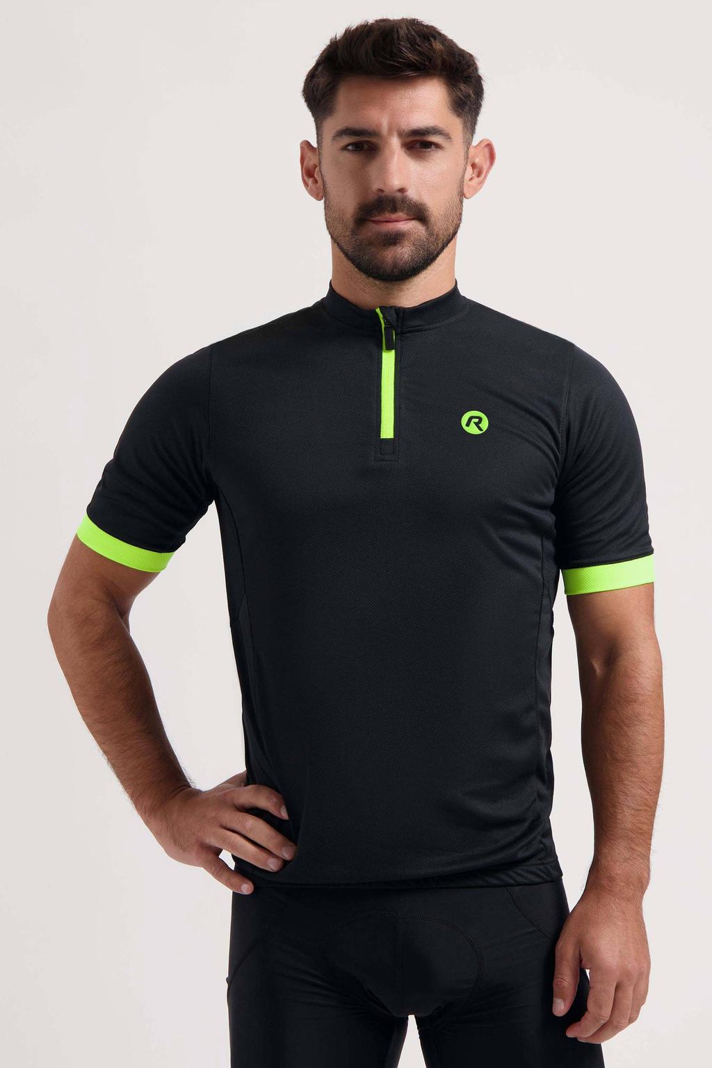Zwart en groene heren Rogelli fietsshirt Core van polyester met korte mouwen, opstaande kraag en halve rits