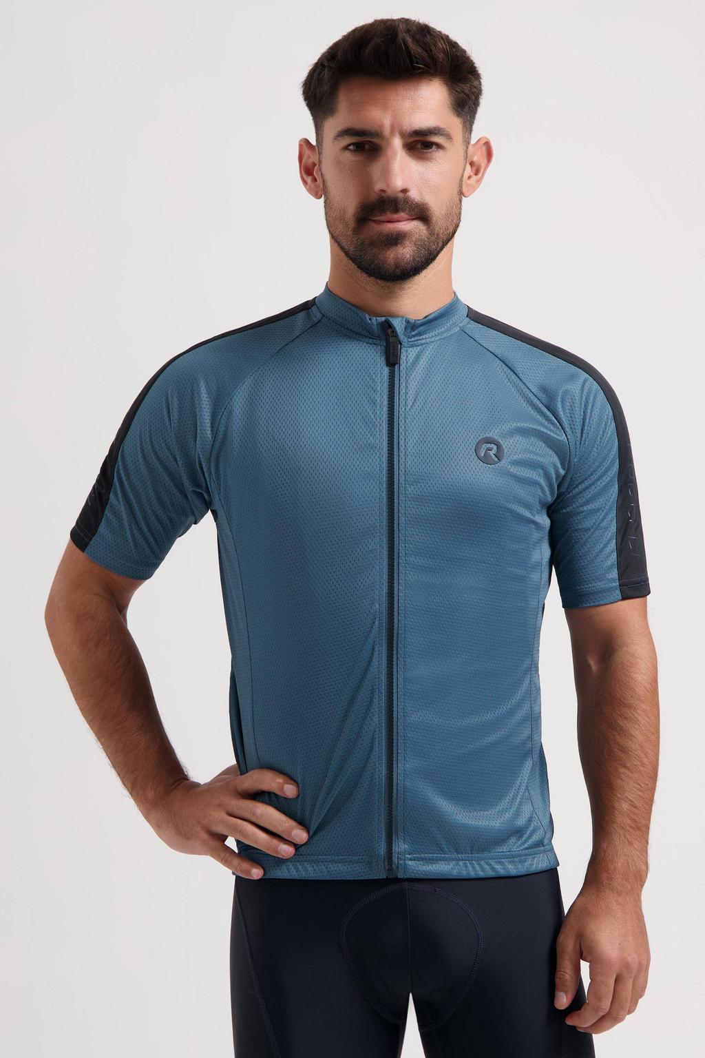 Blauwe heren Rogelli fietsshirt Explore van polyester met meerkleurige print, korte mouwen, opstaande kraag en ritssluiting