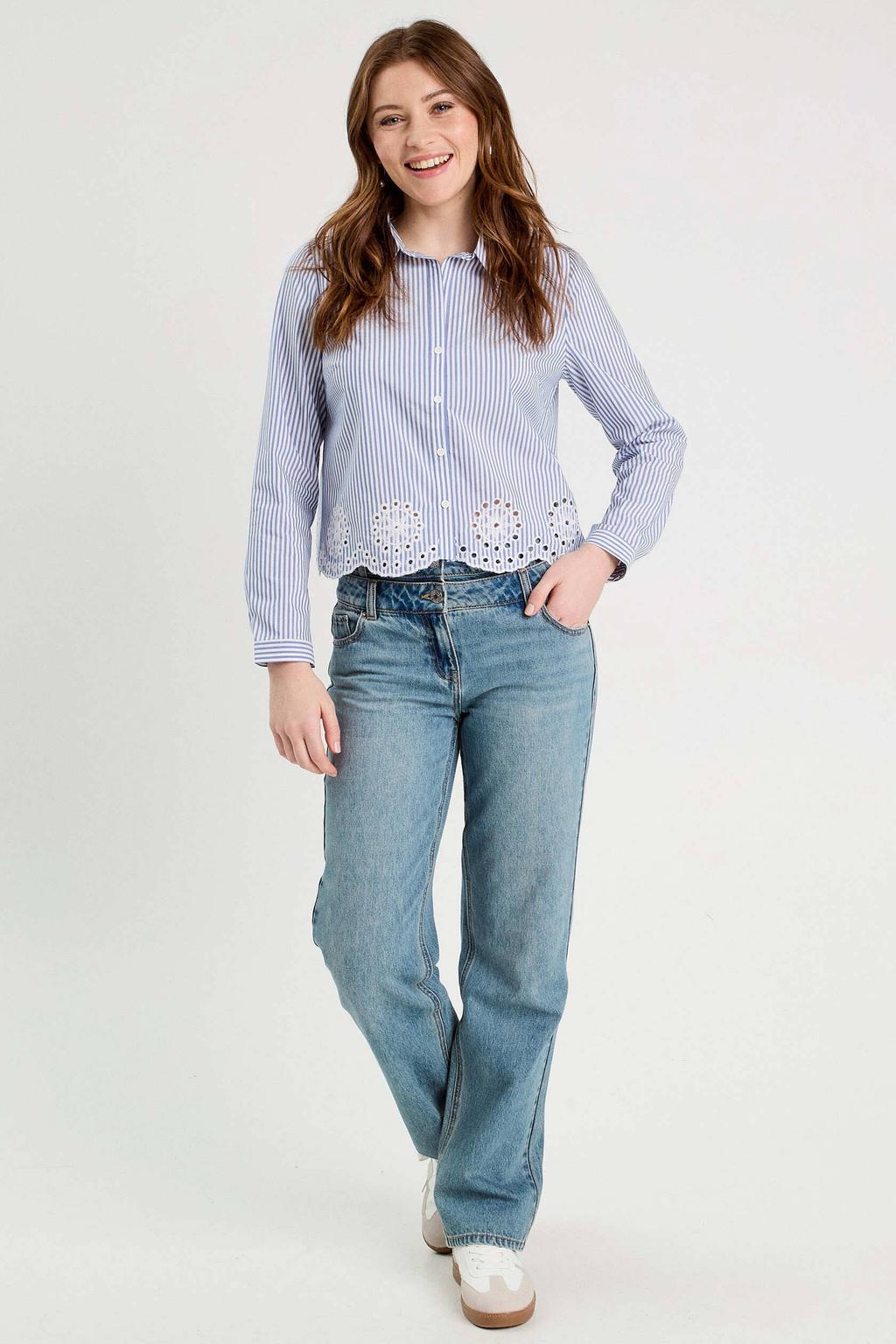 Lichtblauw en witte dames Cache Cache blouse broderie van katoen met strepenprint, lange mouwen, klassieke kraag en knoopsluiting