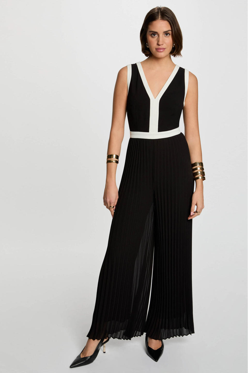 Zwarte dames Morgan jumpsuit van polyester met effen, V-hals, blinde ritssluiting en plissé details