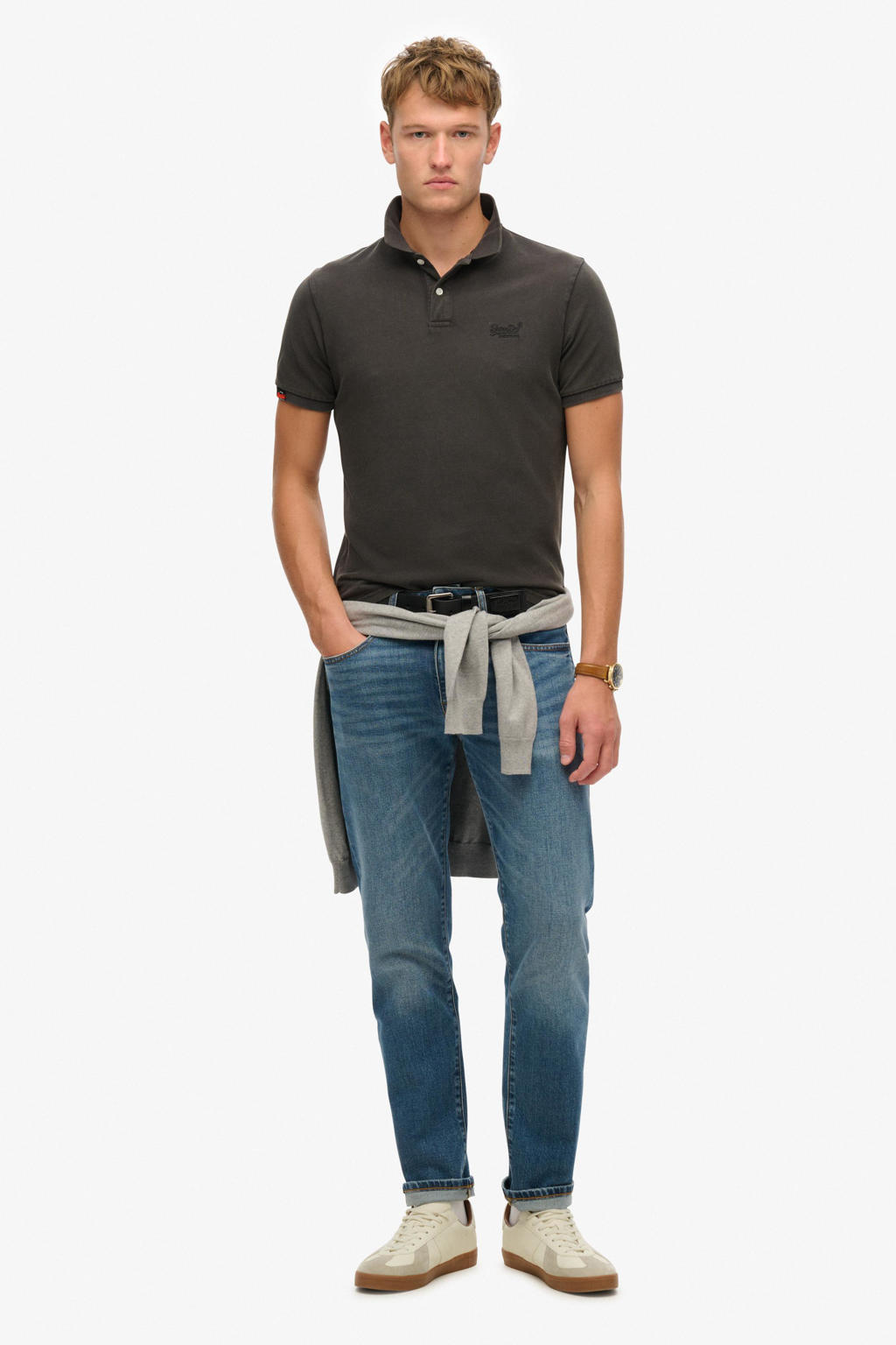 Antraciete heren Superdry regular polo van katoen met effen, korte mouwen en klassieke kraag