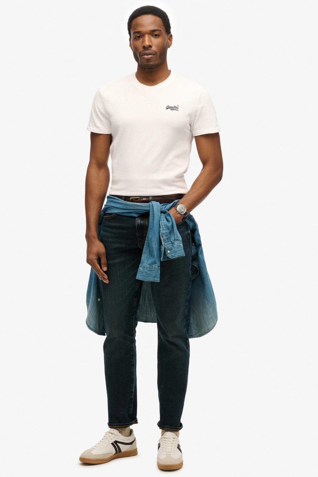 Witte heren Superdry T-shirt van katoen met effen, korte mouwen en ronde hals