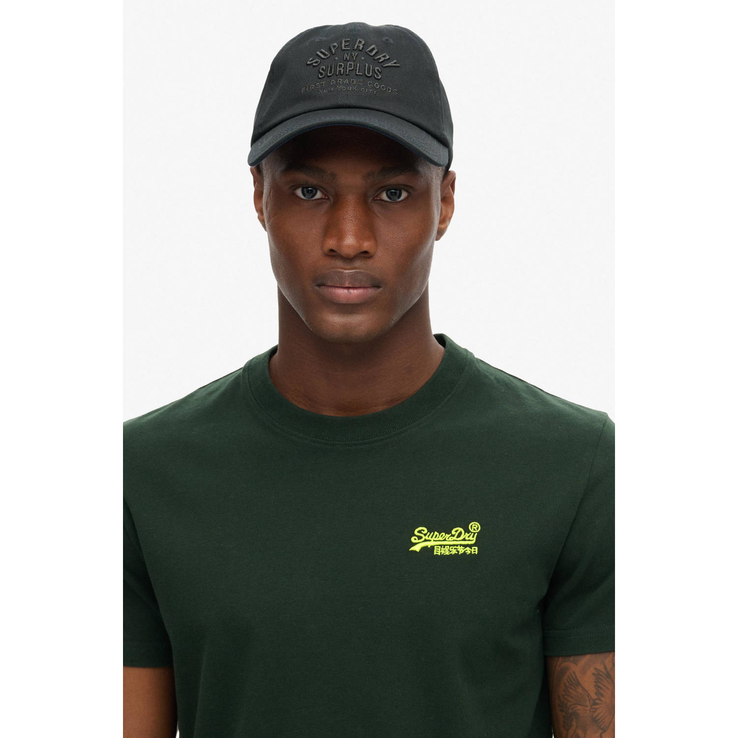 Superdry slim fit t-shirt donkergroen neongeel