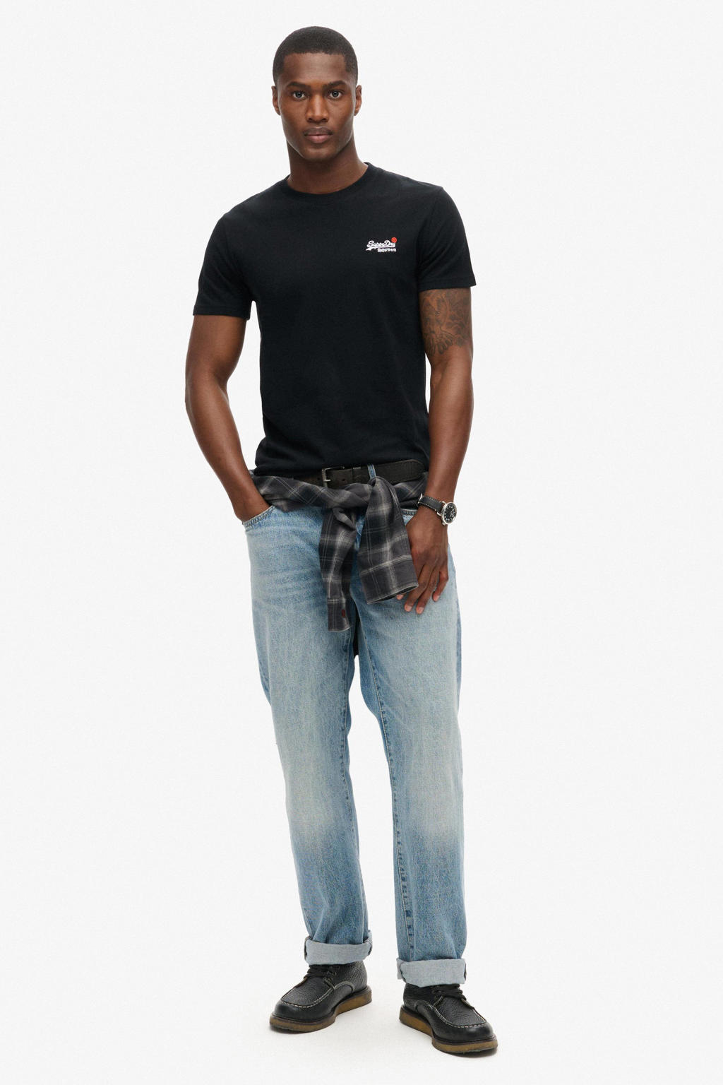 Zwarte heren Superdry T-shirt van katoen met effen, korte mouwen en ronde hals
