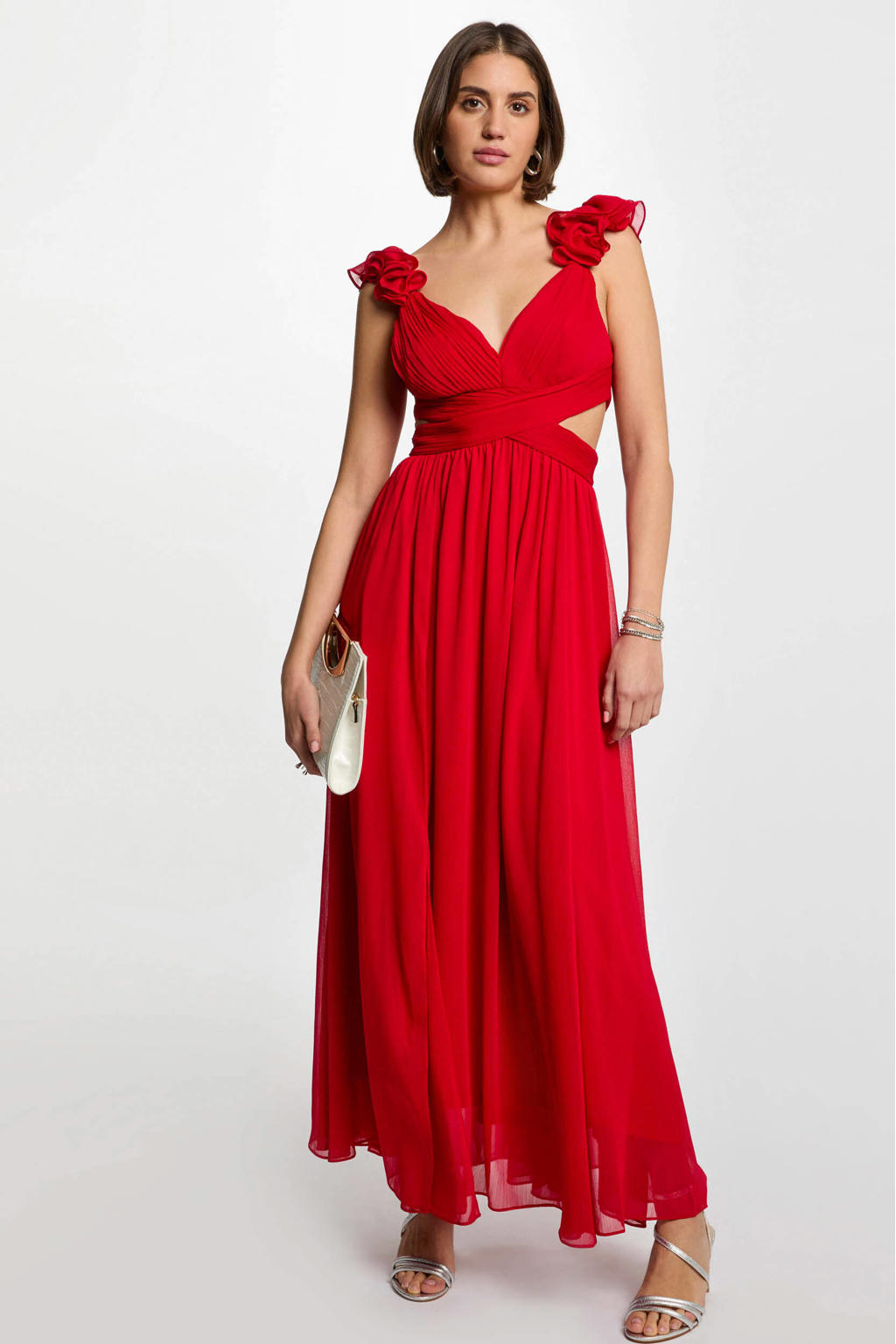 Rode dames Morgan maxi jurk van polyester met effen, V-hals, ritssluiting en 3D applicatie