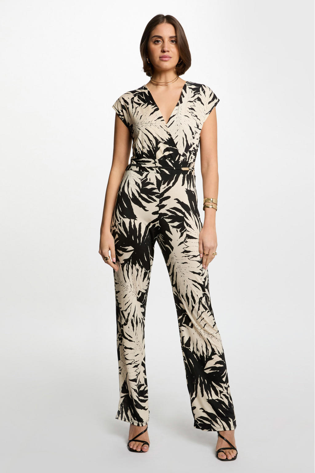 Ecru en zwarte dames Morgan jumpsuit van polyester met korte mouwen en overslagkraag