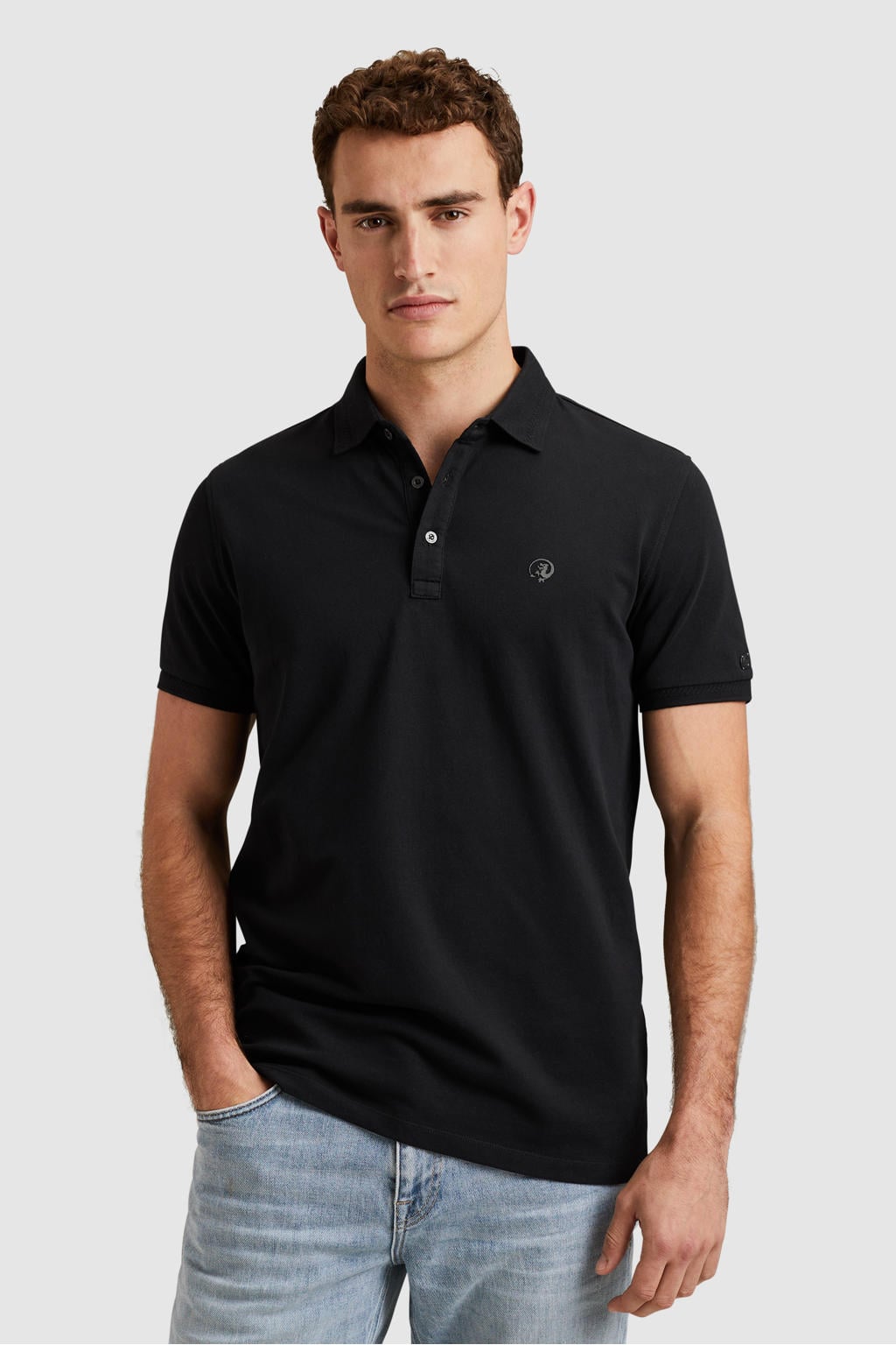 Zwarte heren Cast Iron slim polo van katoen met effen, korte mouwen en klassieke kraag