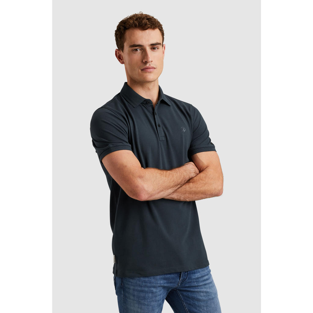 Blauwe heren Cast Iron slim polo van katoen met effen, korte mouwen en klassieke kraag