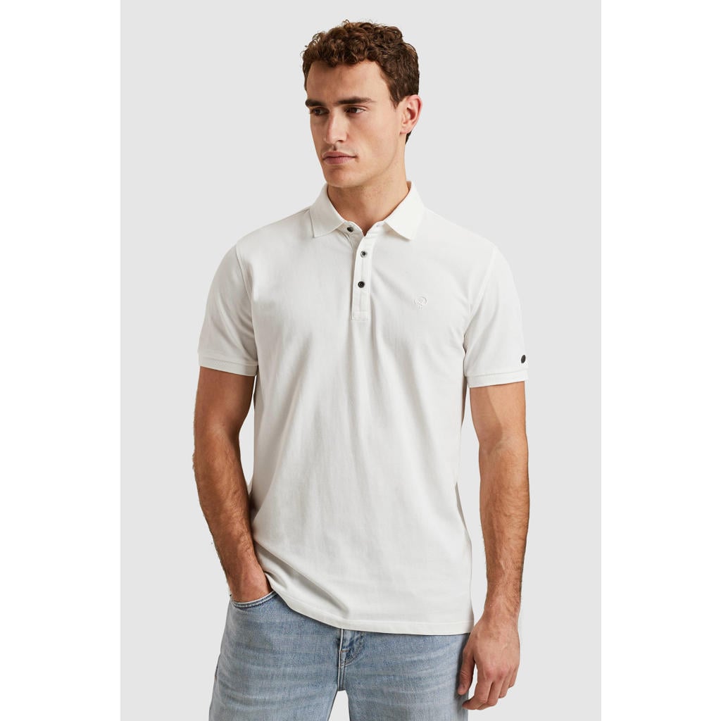 Witte heren Cast Iron slim polo van katoen met effen, korte mouwen en klassieke kraag