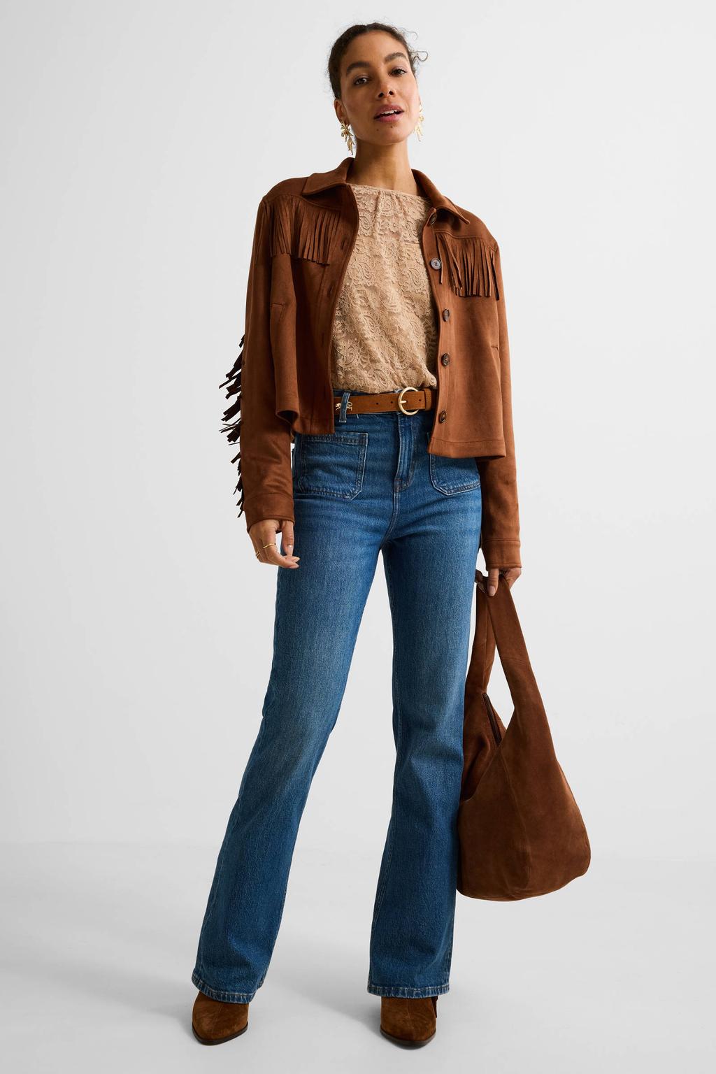 Dark blue denim dames Ruby high waist flared jeans van denim met rits- en knoopsluiting en effen