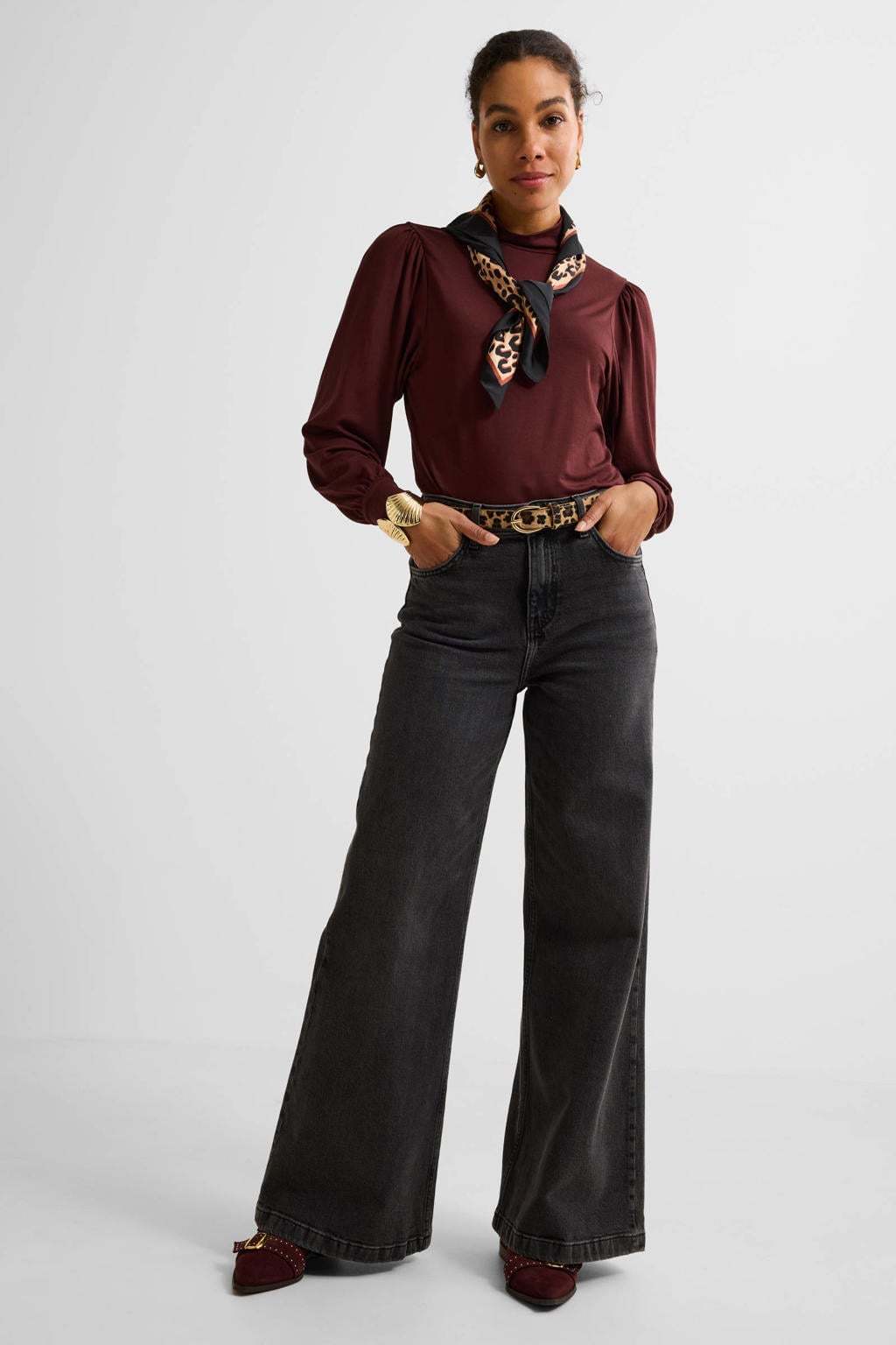 Black denim dames Ruby high waist super wide leg jeans van denim met rits- en knoopsluiting en effen
