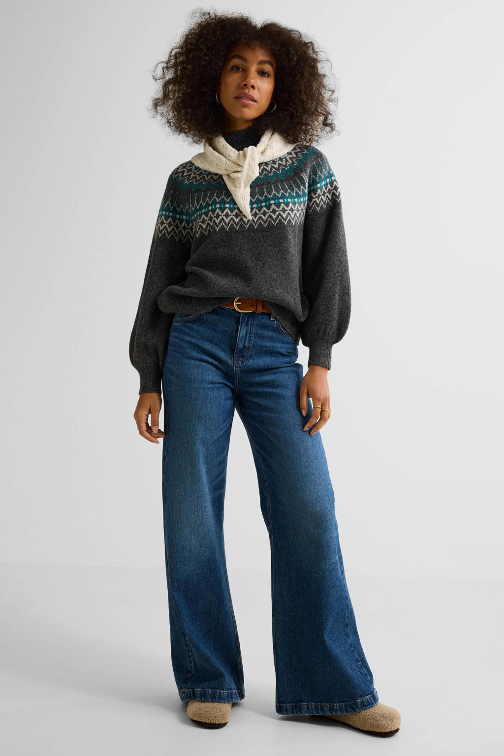 Dark blue denim dames Ruby high waist super wide leg jeans van denim met rits- en knoopsluiting en effen