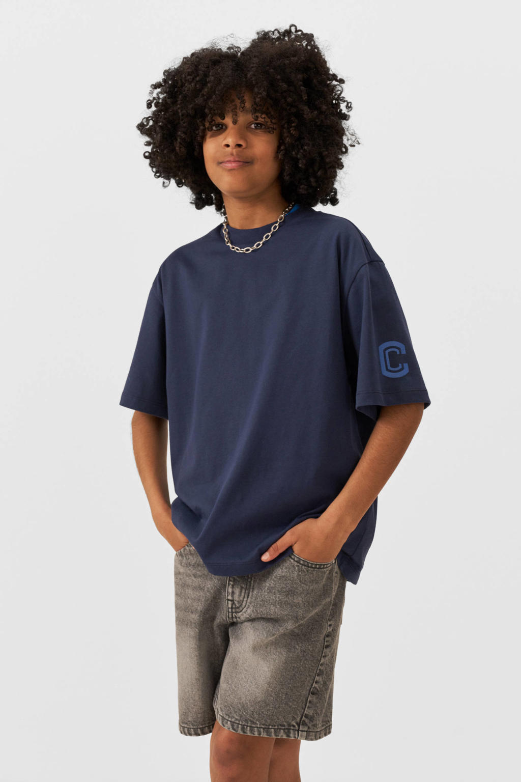 Blauwe jongens Coolcat T-shirt Owen met printopdruk, korte mouwen en ronde hals
