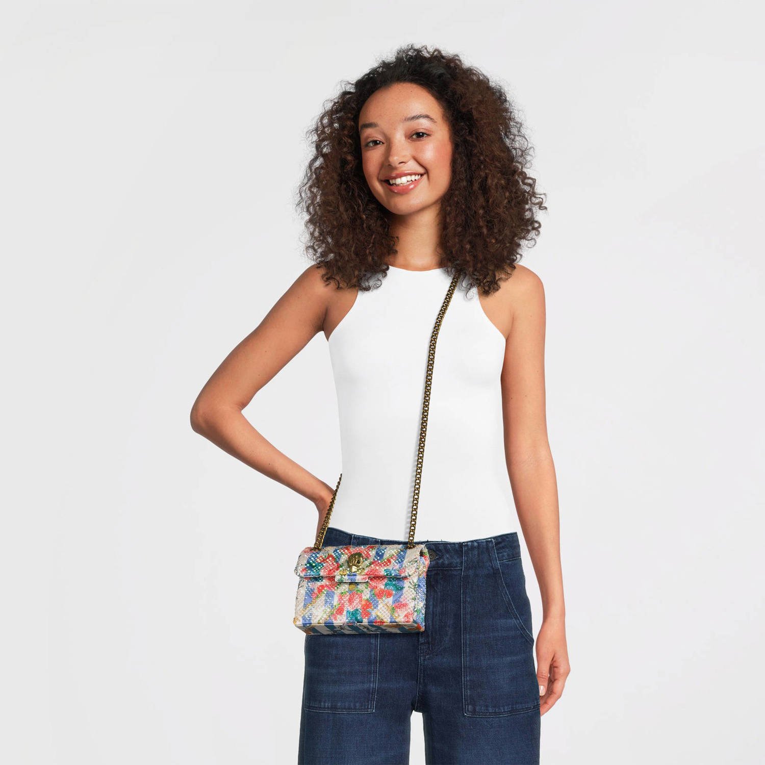 Kurt Geiger crossbody tas Fabric Mini Kensington blauw roze