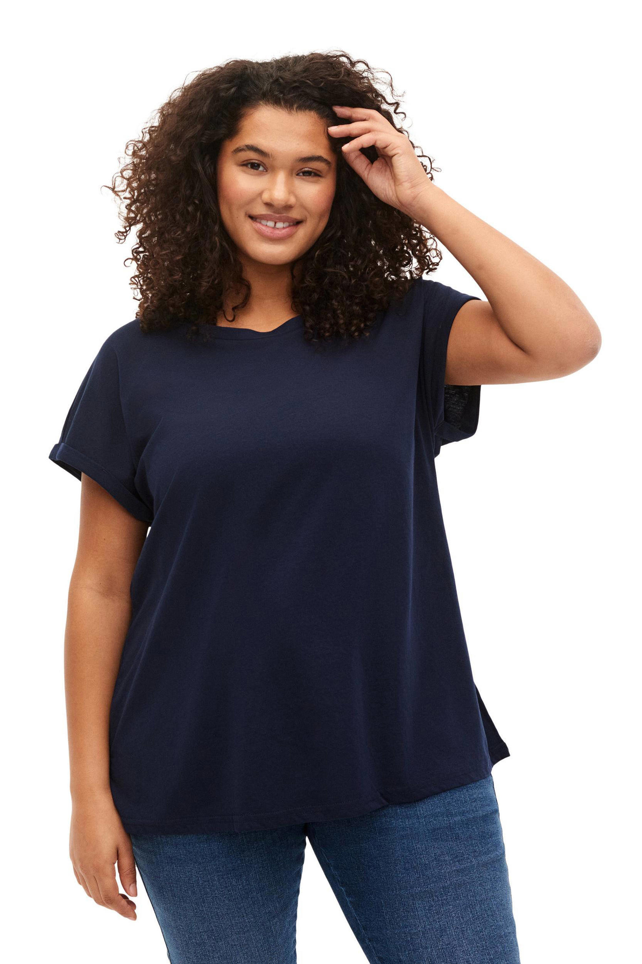 T-shirt Femme Zizzi 100% Coton Col V – Manches Courtes, Coupe Normale, Tailles 42 à 60