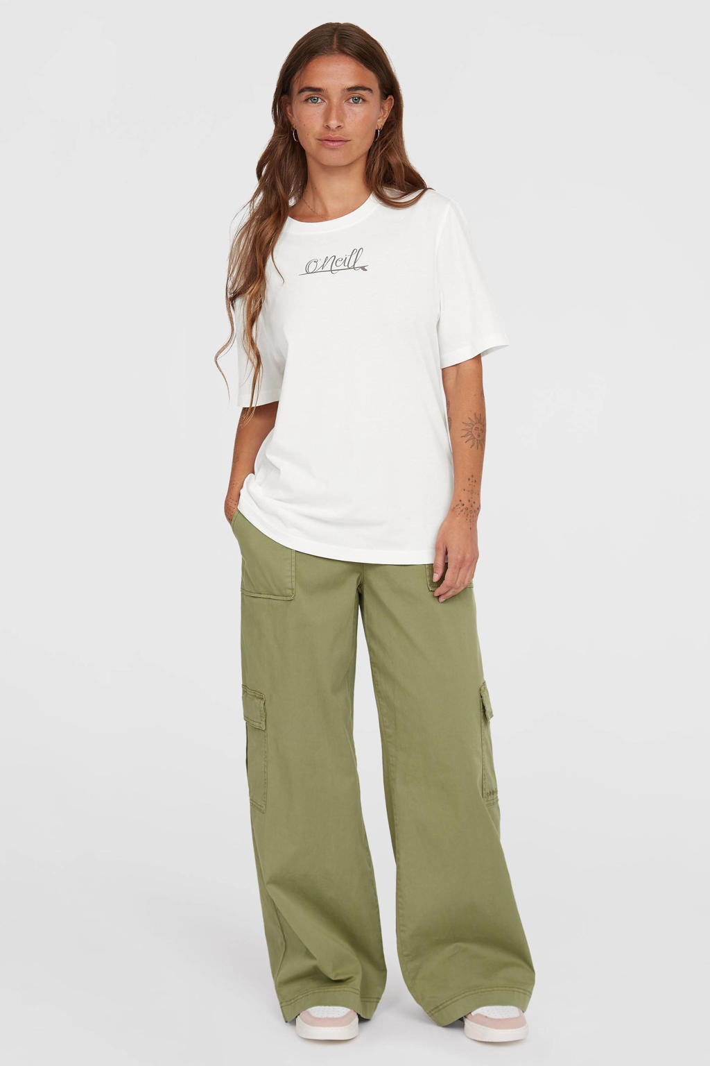 Witte dames O'Neill T-shirt van katoen met logo dessin, korte mouwen en ronde hals