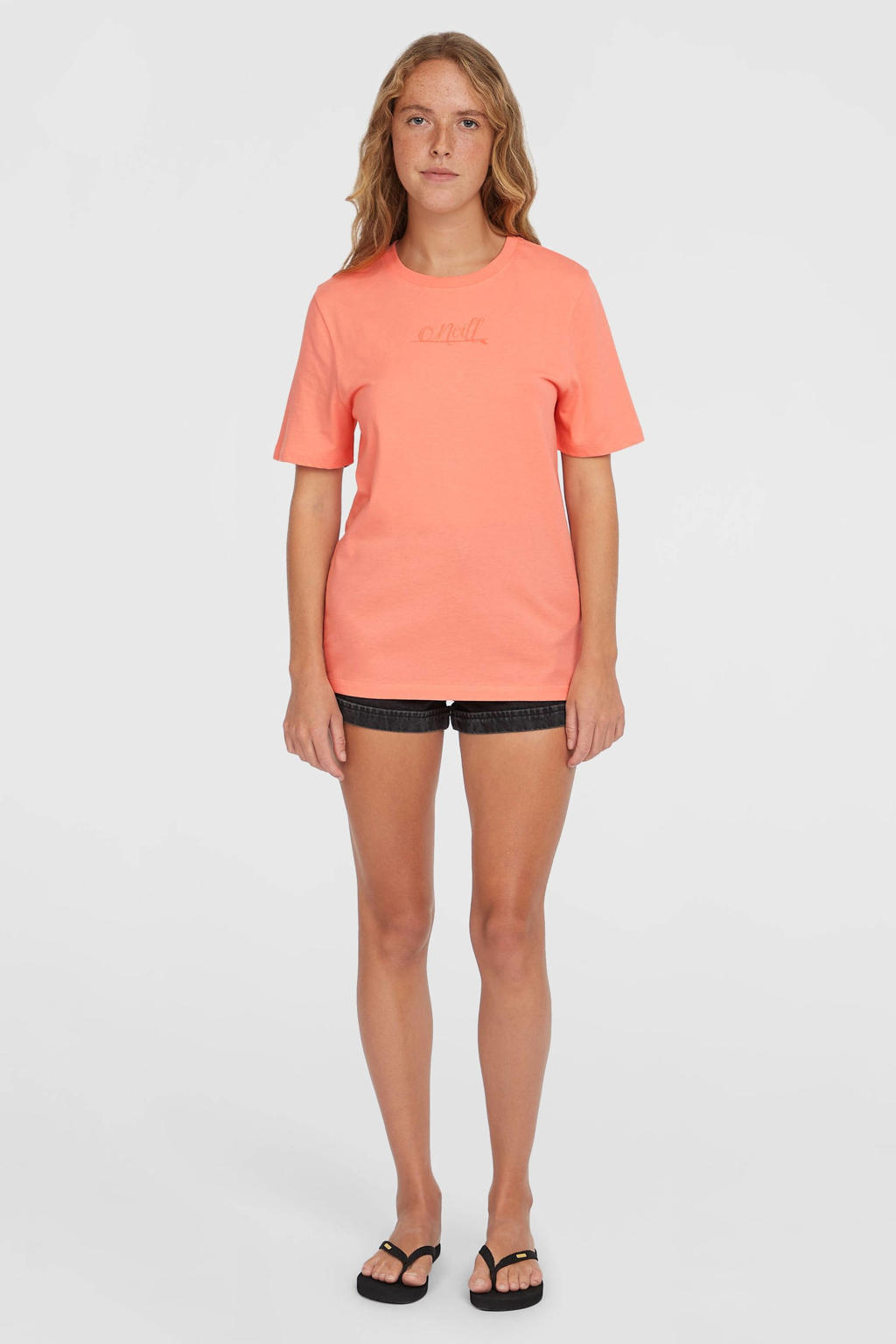 Koraalrode dames O'Neill T-shirt van katoen met logo dessin, korte mouwen en ronde hals