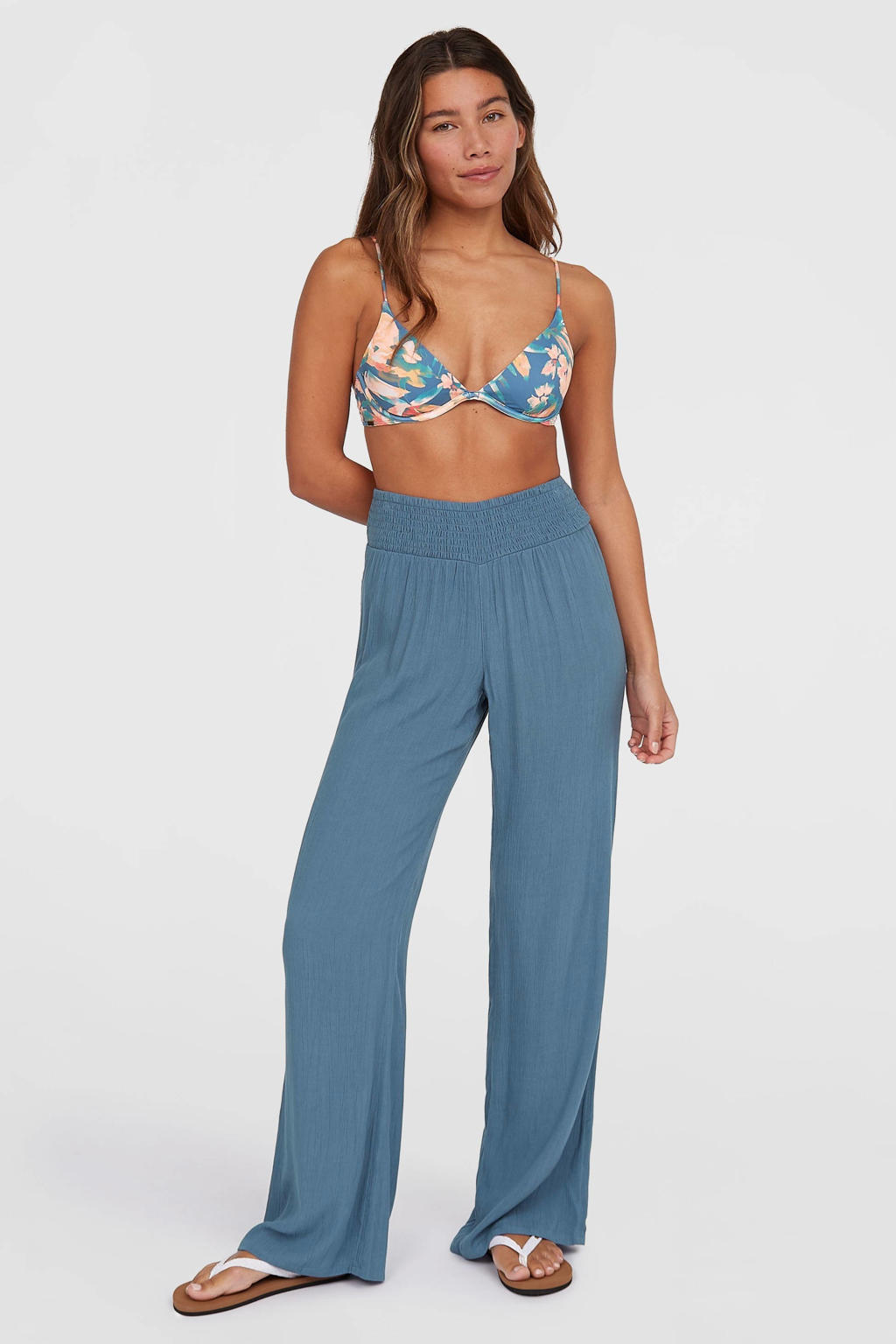 Blauwe dames O'Neill straight regular waist broek van viscose met elastische tailleband en effen