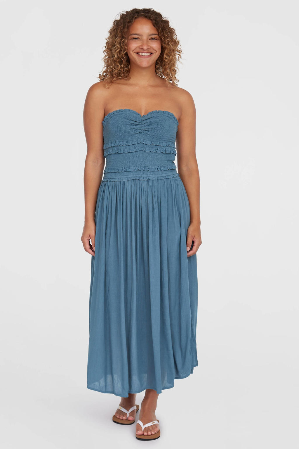 Blauwe dames O'Neill zomerjurk van viscose met effen, strapless hals en plooien