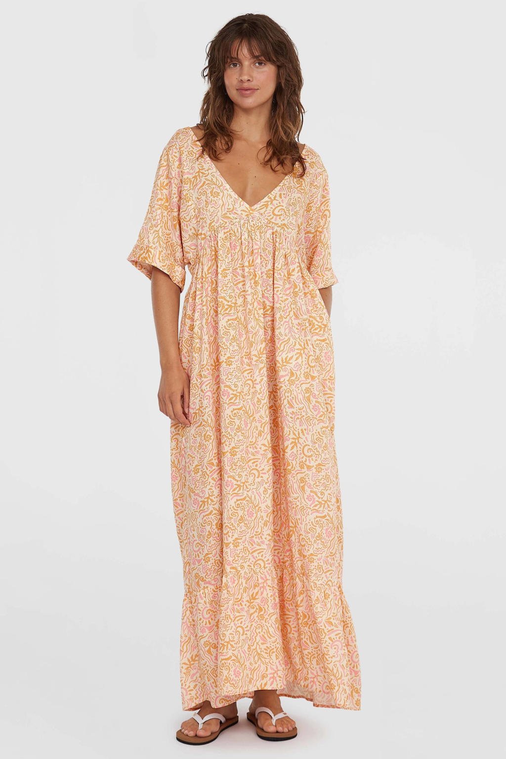 Oranje dames O'Neill A-lijn jurk van viscose met paisley print, korte mouwen en V-hals