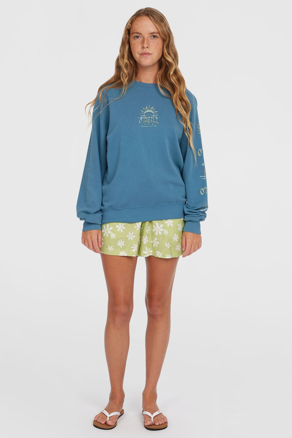 Blauwe dames O'Neill sweater met printopdruk, lange mouwen en ronde hals