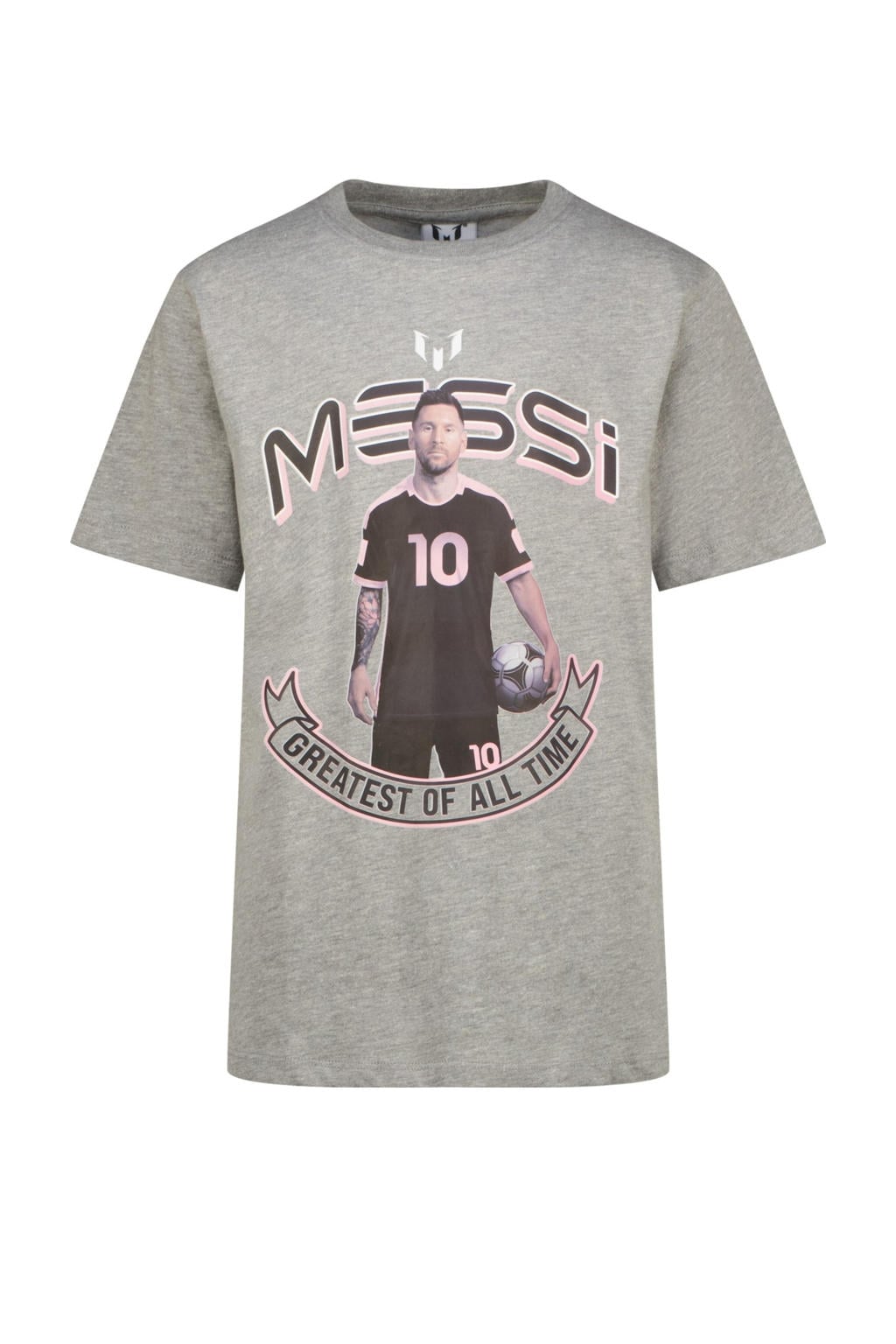 Grijze jongens Messi T-shirt van katoen met printopdruk, korte mouwen en ronde hals
