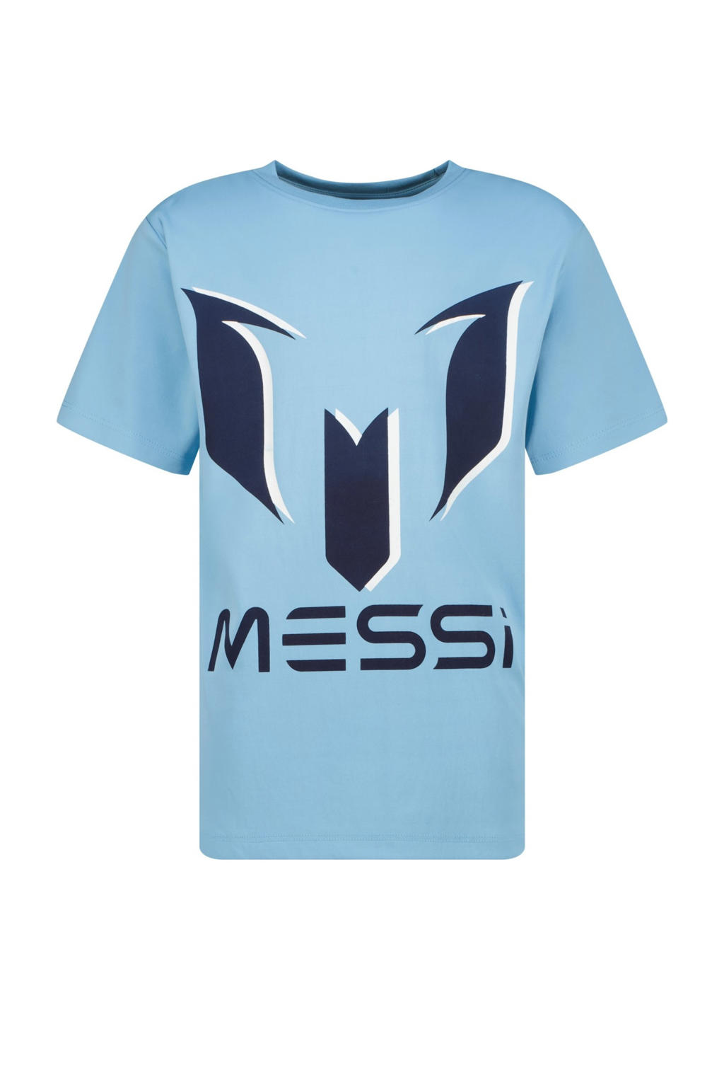 Lichtblauwe jongens Messi T-shirt van polyester met logo dessin, korte mouwen en ronde hals
