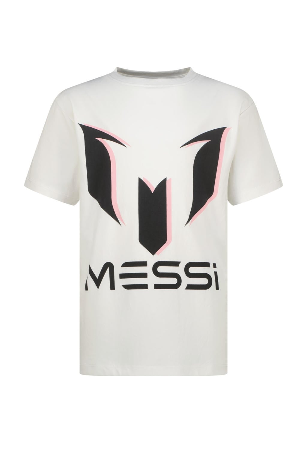 Witte jongens Messi T-shirt van polyester met logo dessin, korte mouwen en ronde hals