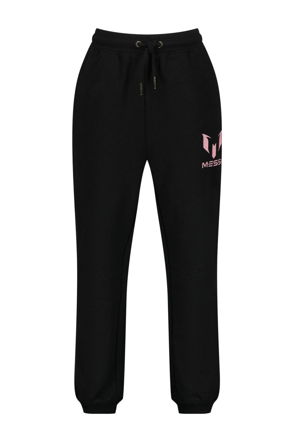 Zwarte jongens Messi relaxed joggingbroek van sweat materiaal met regular waist, elastische tailleband met koord en logo dessin
