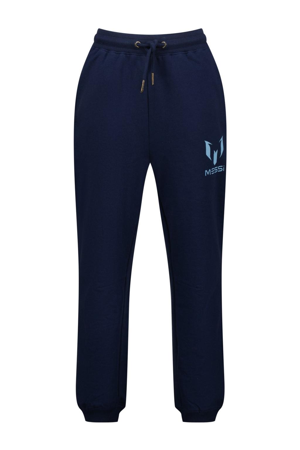 Donkerblauwe jongens Messi relaxed joggingbroek van sweat materiaal met regular waist, elastische tailleband met koord en logo dessin