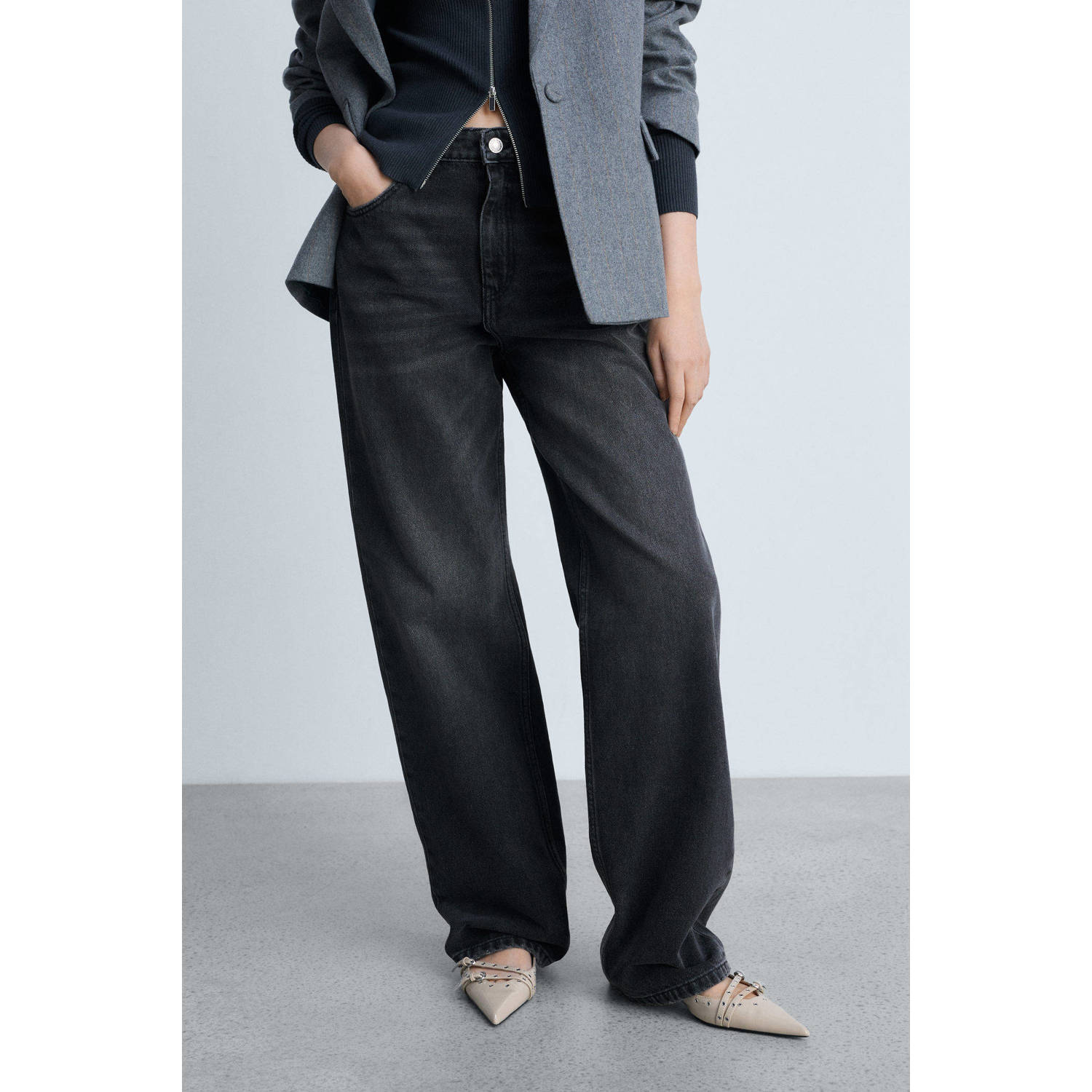 Mango regular waist wide leg jeans black denim