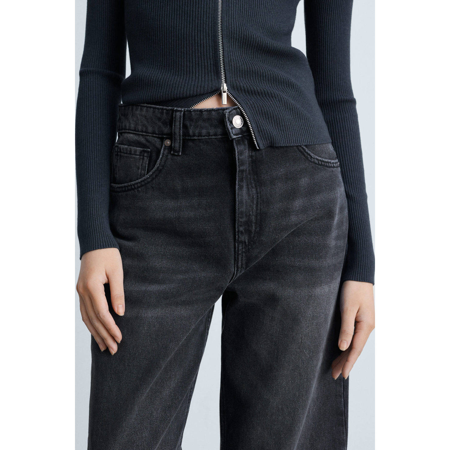 Mango regular waist wide leg jeans black denim