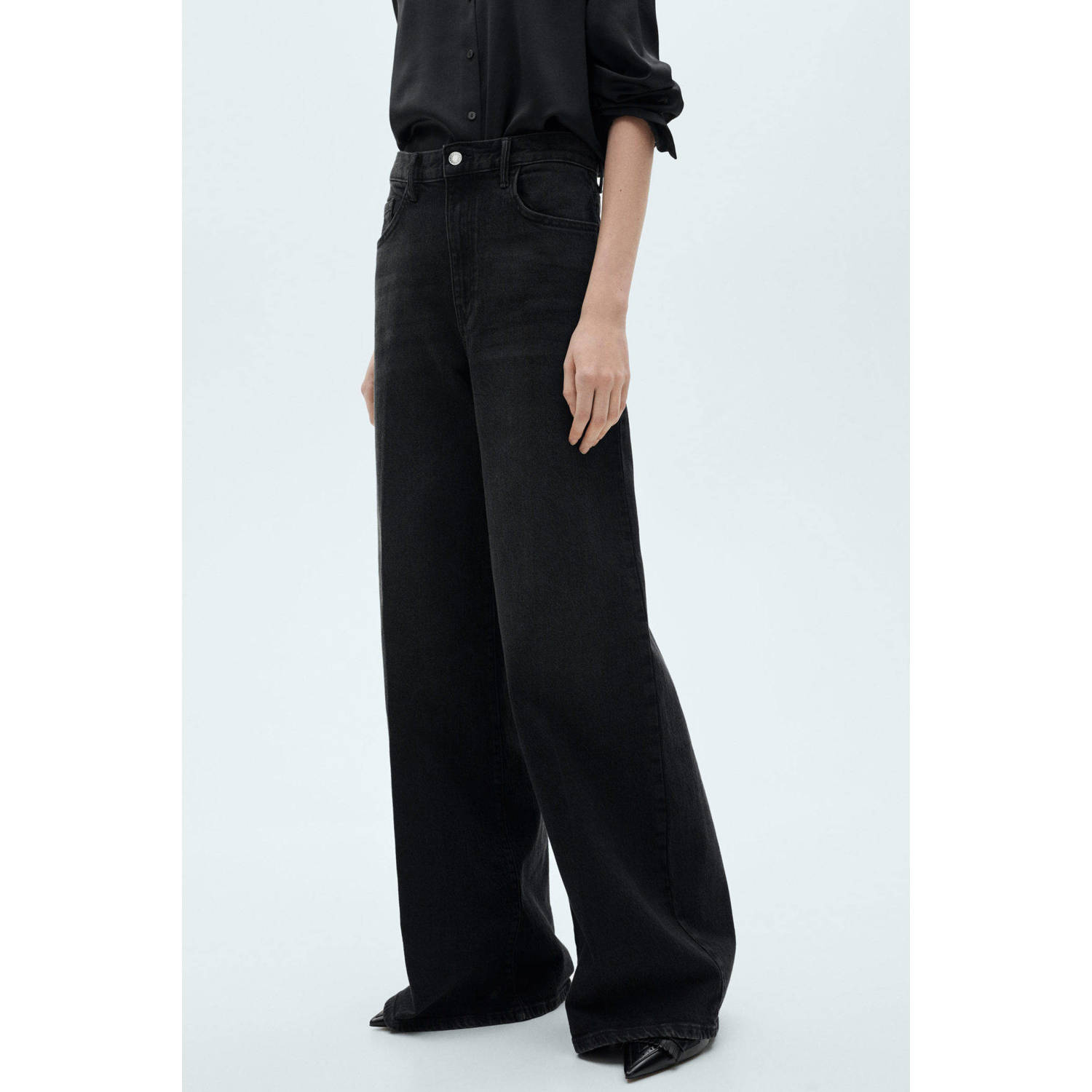 Mango regular waist wide leg jeans black denim