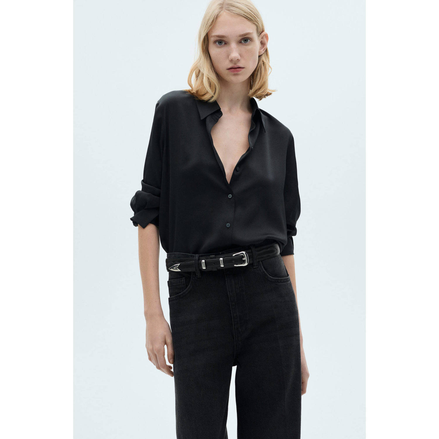 Mango regular waist wide leg jeans black denim
