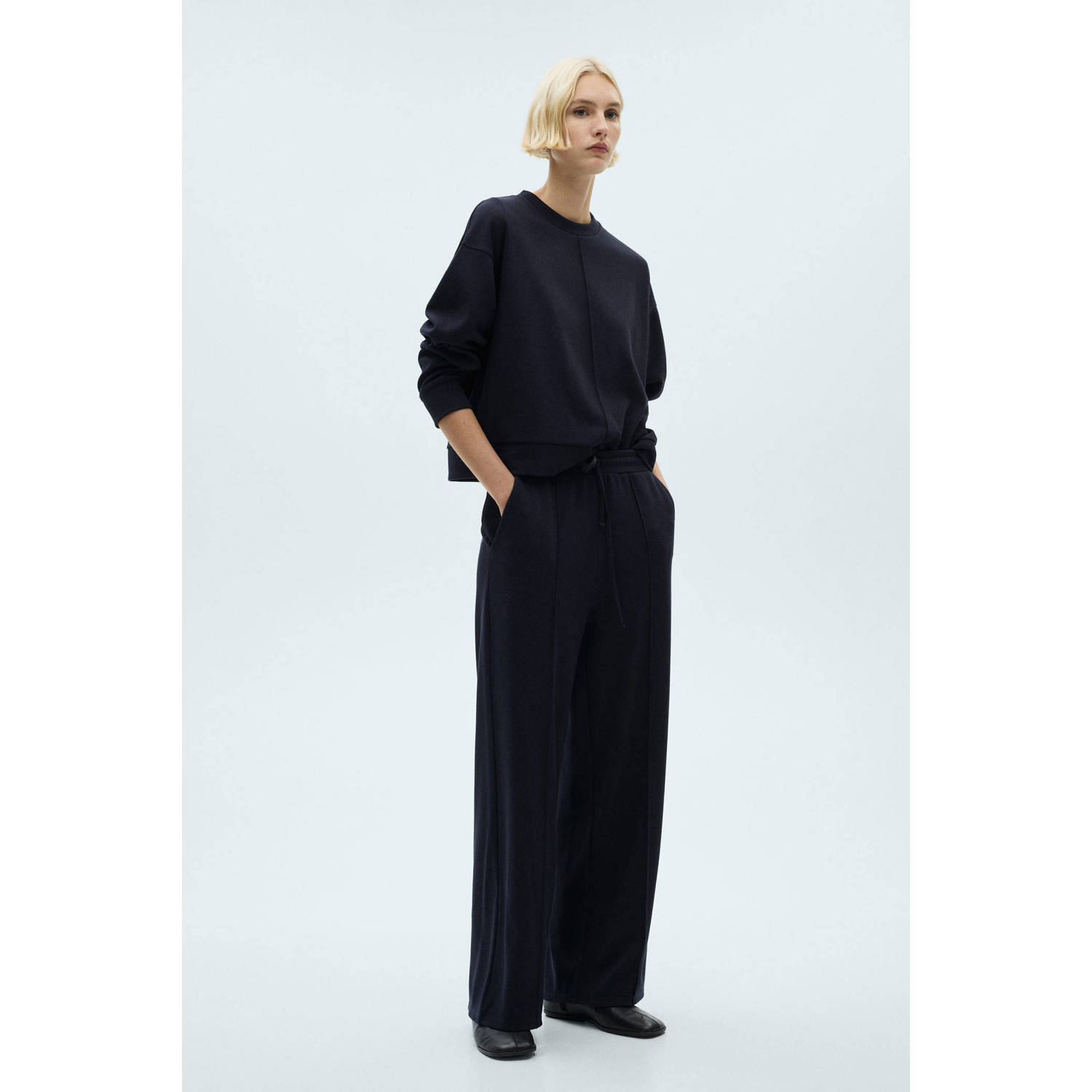 Mango wide leg regular waist broek donkerblauw