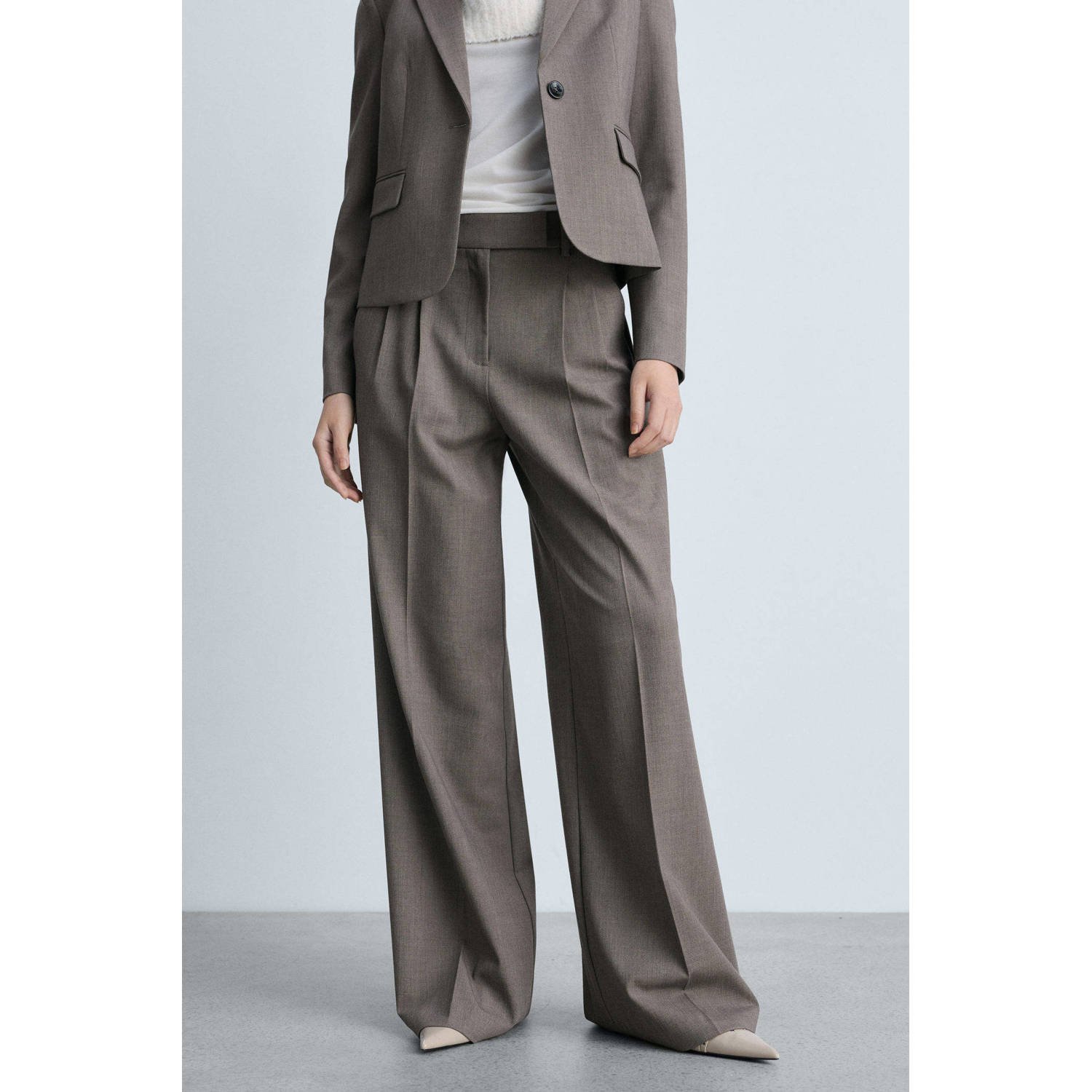 Mango wide leg high waist pantalon grijsbruin