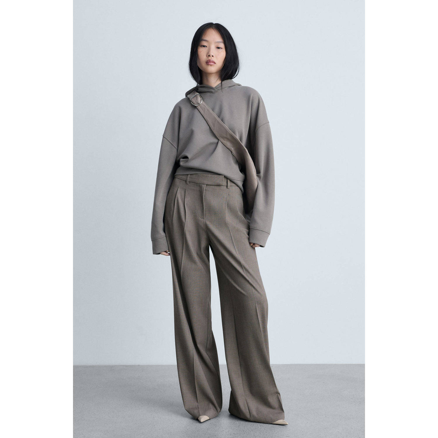 Mango wide leg high waist pantalon grijsbruin