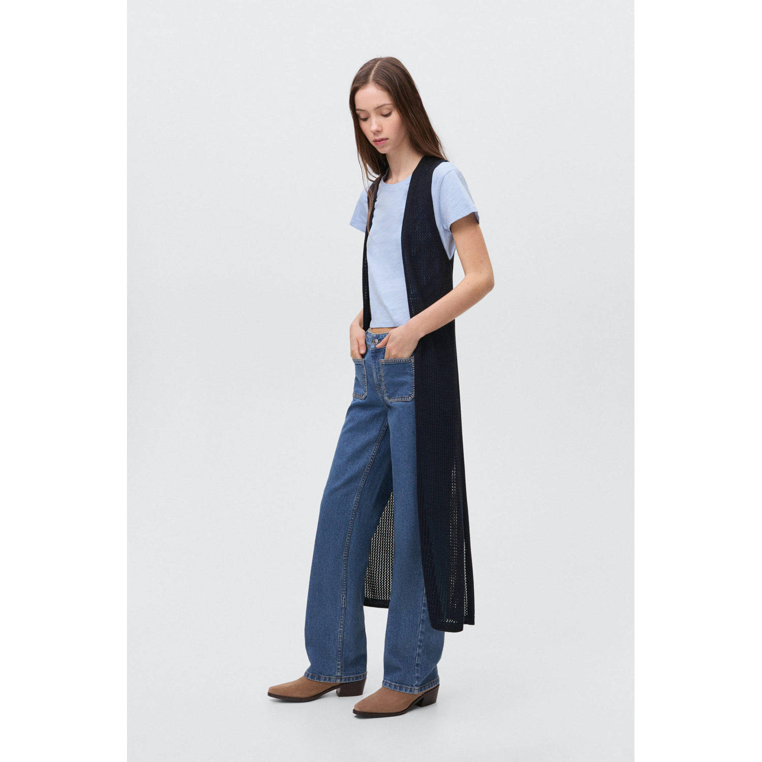 MANGO TEEN lang vest donkerblauw gehaakt