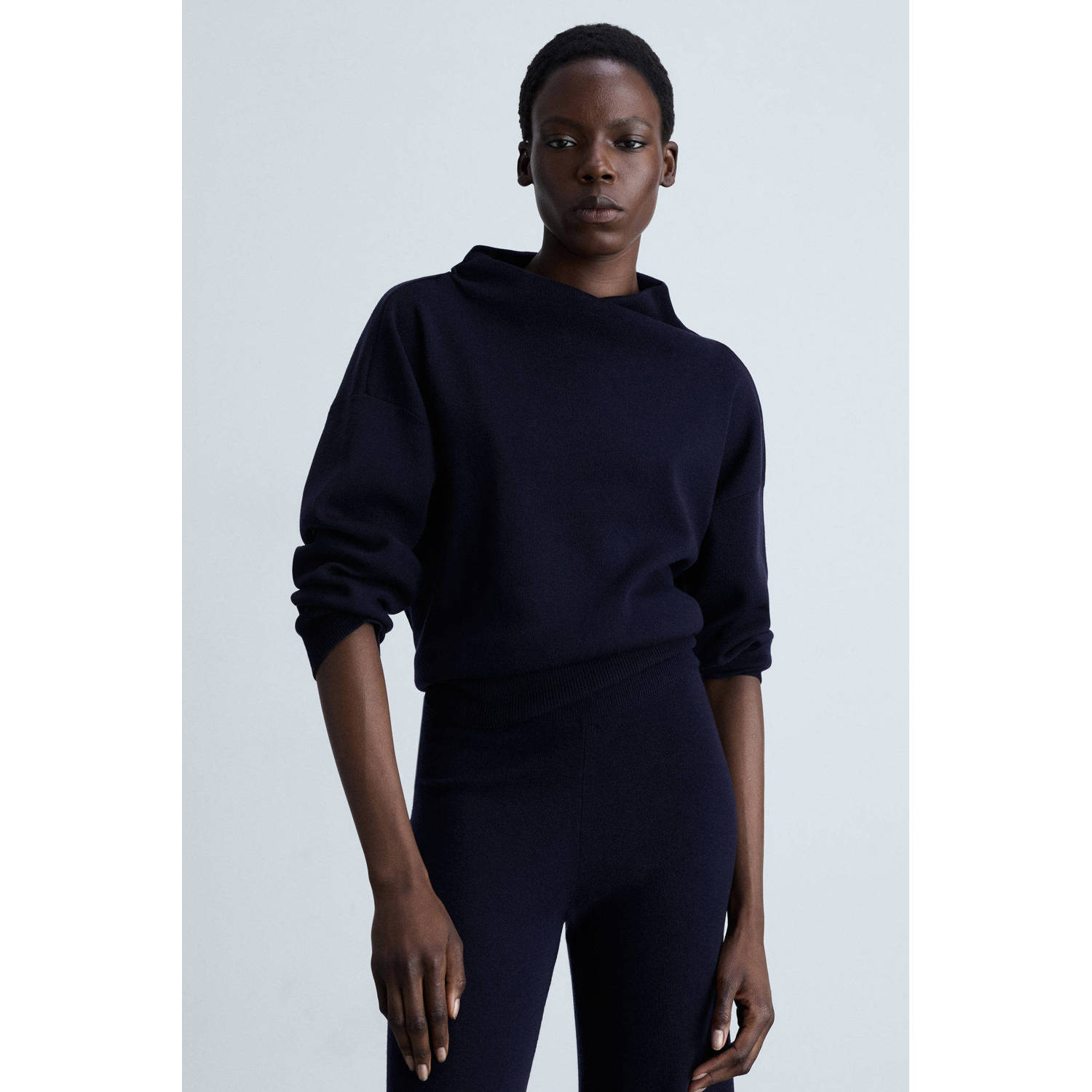 Mango wide leg high waist broek donkerblauw fijn gebreid