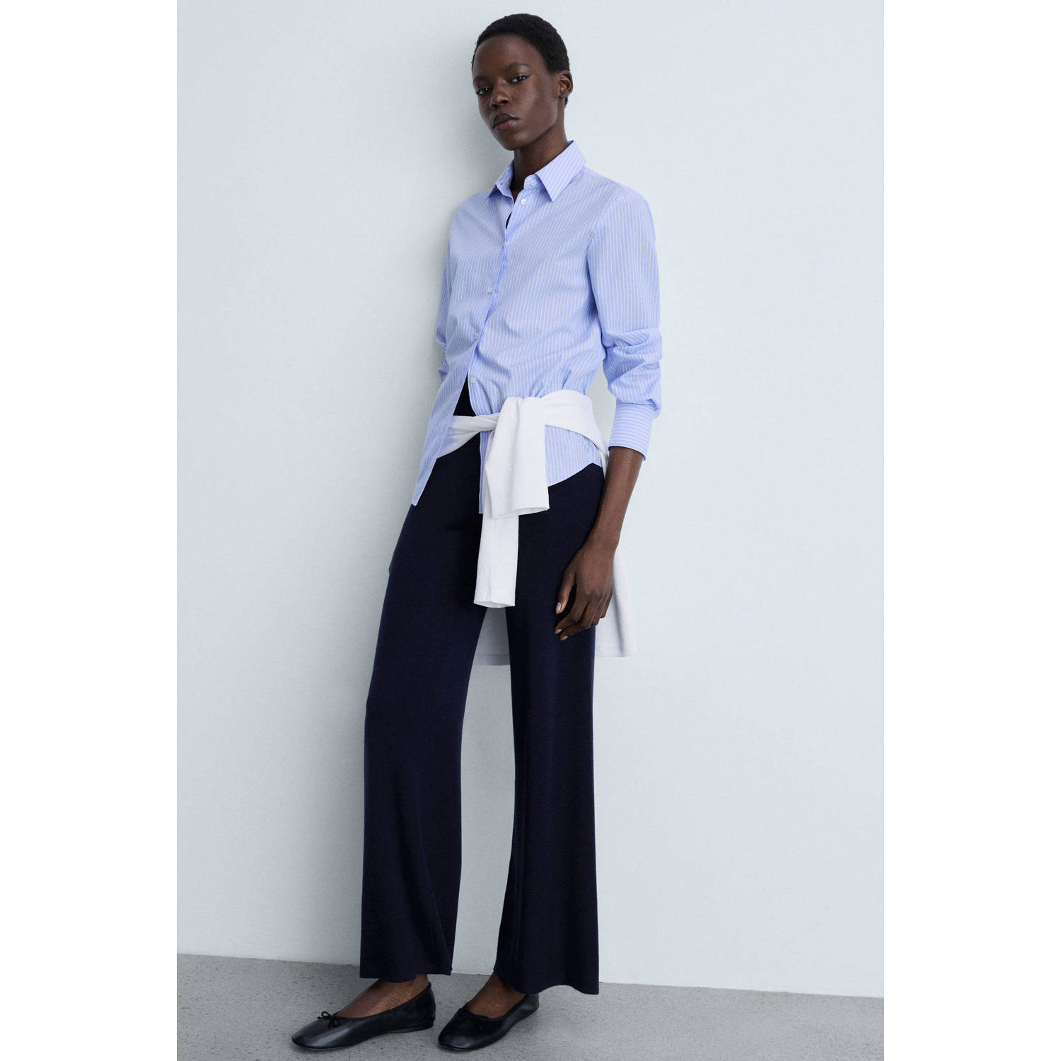 Mango wide leg high waist broek donkerblauw fijn gebreid