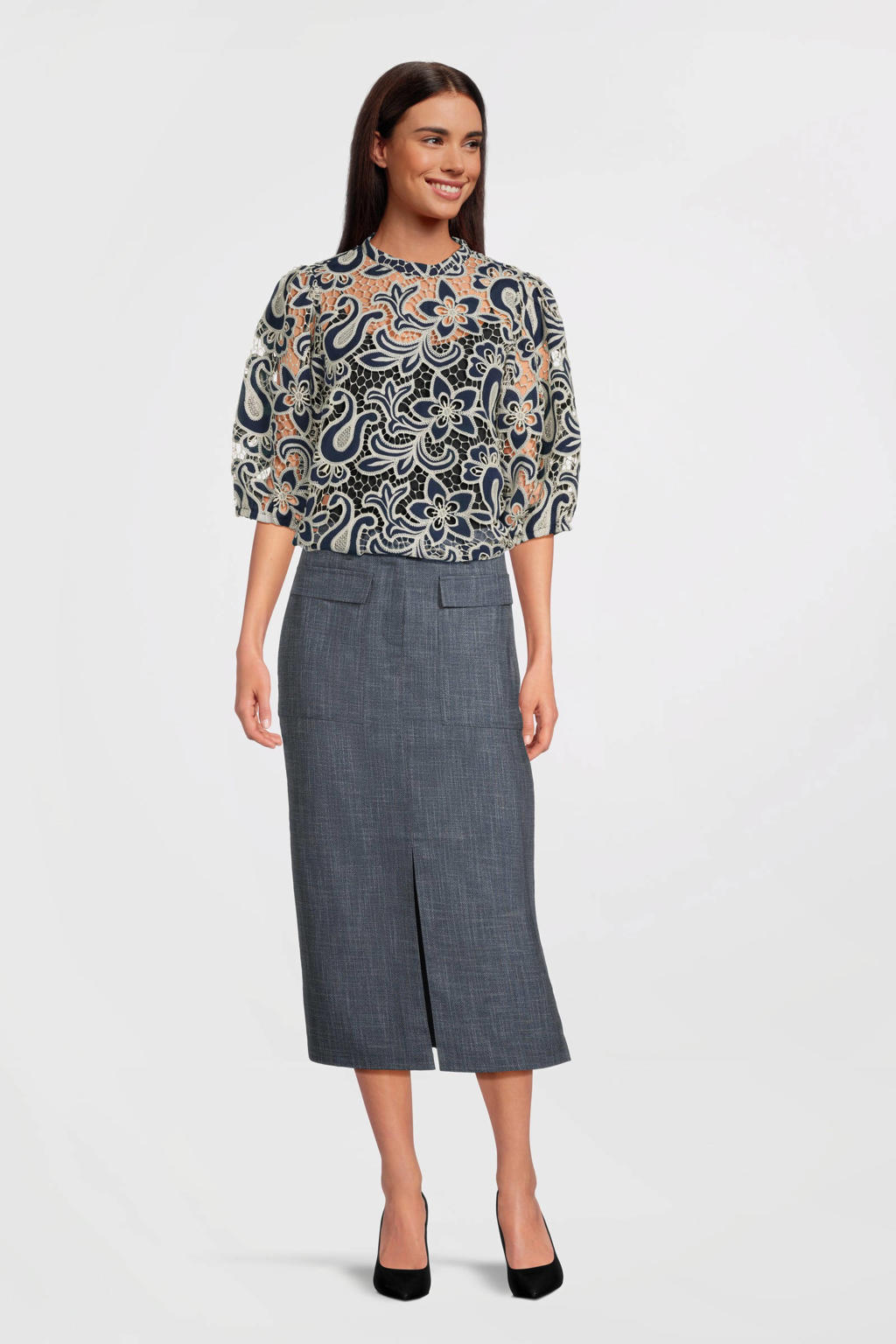 Donkerblauwe dames Aaiko midi rok gemaakt van polyester en met rits- en knoopsluiting