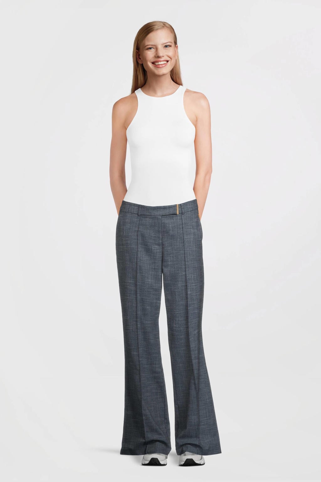 Donkerblauwe dames Aaiko flared high waist pantalon van polyester met rits- en knoopsluiting en effen