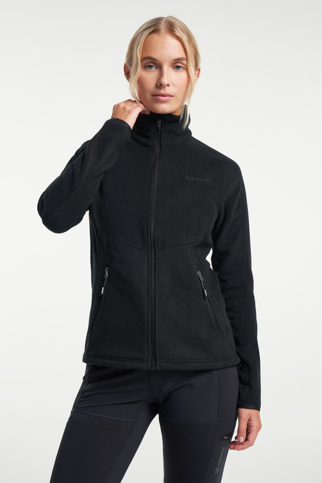 Zwarte dames Tenson fleece outdoor vest Miracle met effen, lange mouwen, opstaande kraag en ritssluiting