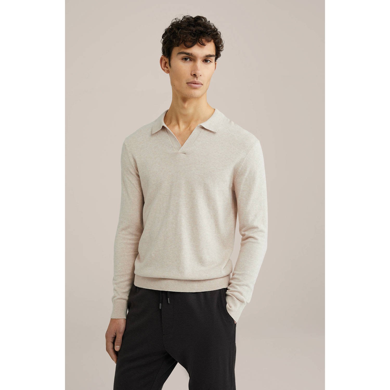 WE Fashion polo fijn gebreid beige