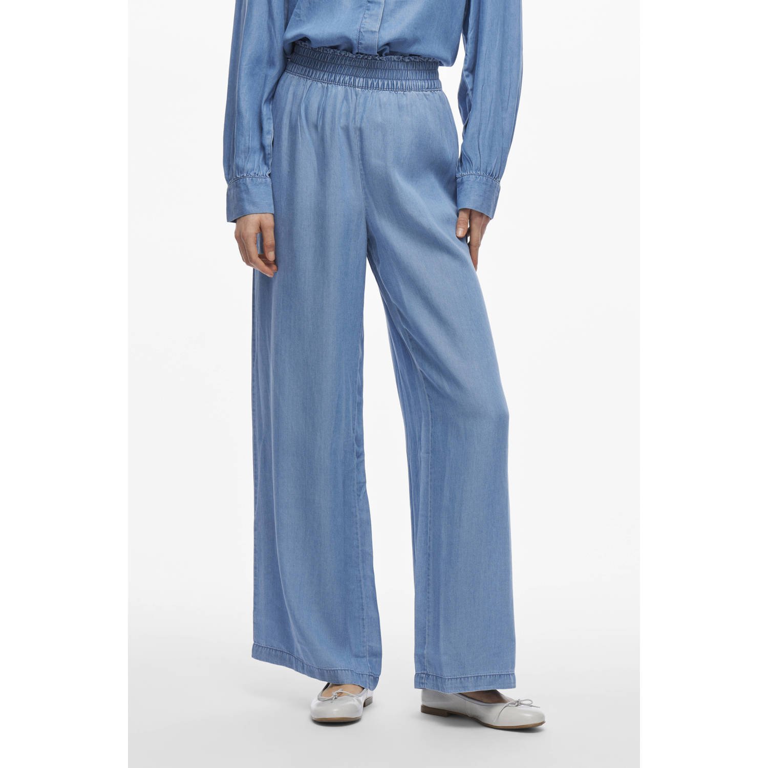 VILA wide leg high waist broek medium blue denim