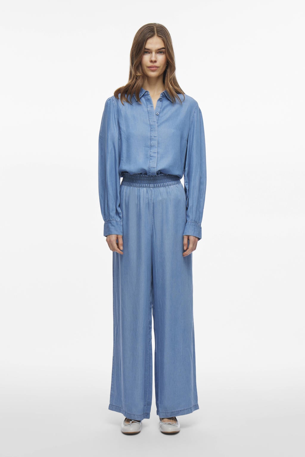 Medium blue denim dames VILA wide leg high waist broek van lyocell met effen