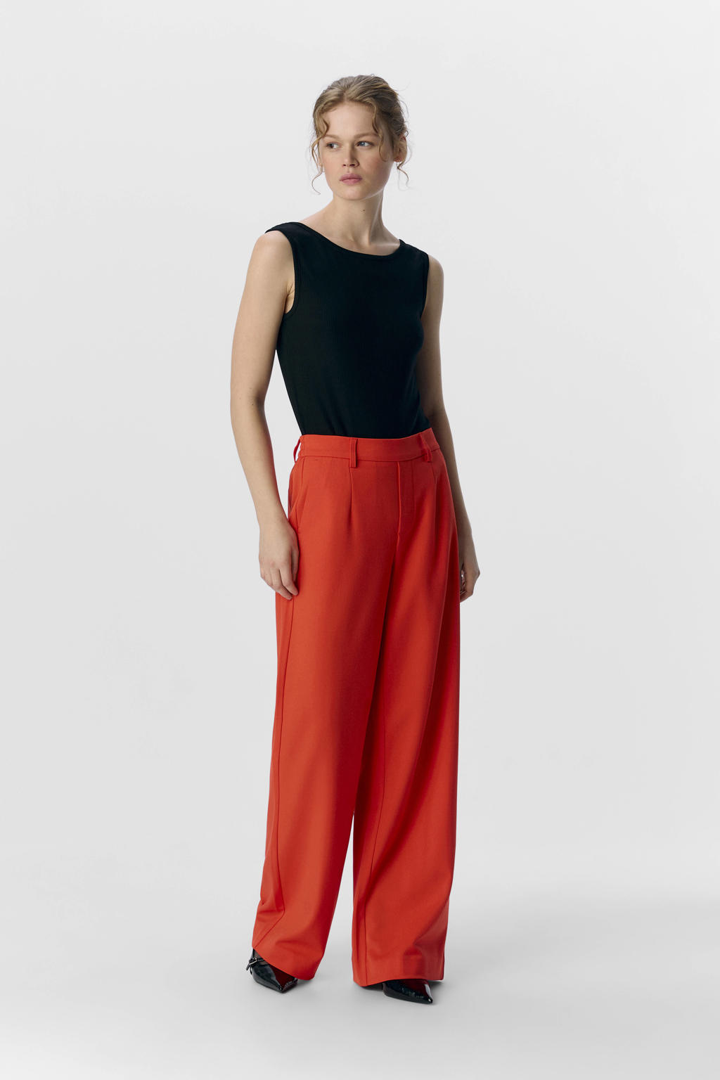 OBJECT wide leg regular waist pantalon koraalrood