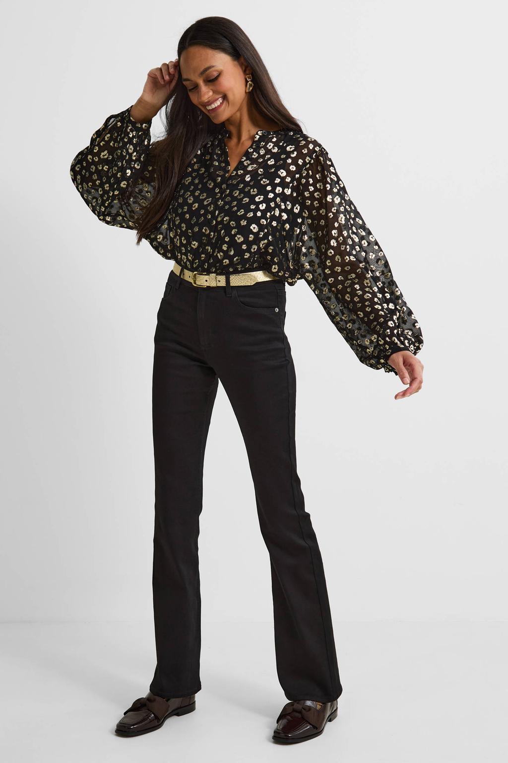 Black denim dames Anytime high waist flared jeans van stretchdenim met rits- en knoopsluiting en effen