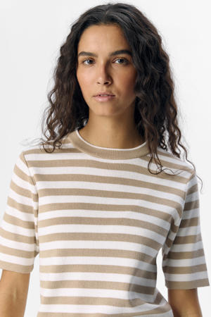 gestreepte trui met korte mouw beige/ ecru